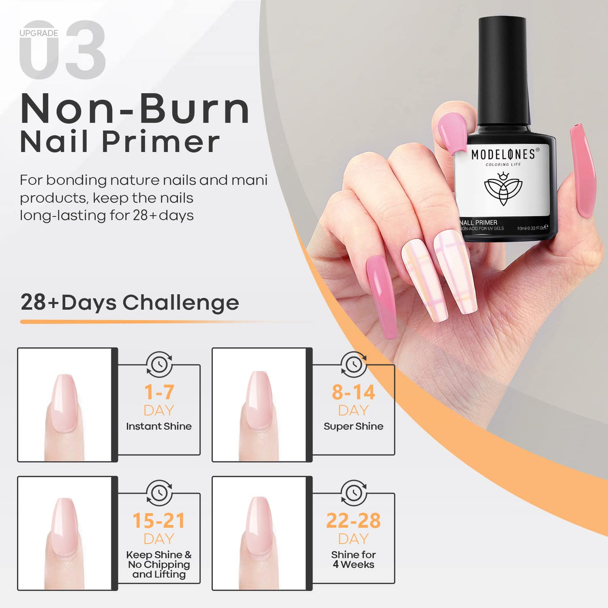 modelones Gel Top Coat and Base Coat With Nail Primer, 3 Pcs No Wipe Clear Base and Top Coat Nail Bonder Primer Super Shiny Gel Polish Home DIY Manicure 10 ml