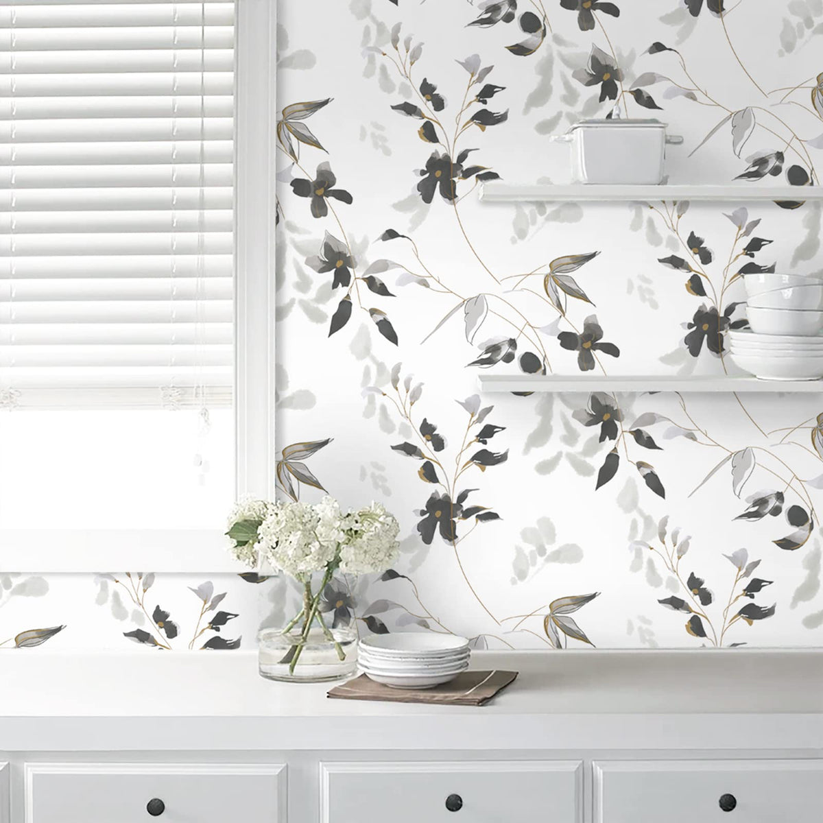 HeloHo Black and White Peel and Stick Wallpaper Boho Floral Wallpaper Leaf Self Adhesive Removable Wall Paper Waterproof Contact Paper for Bathroom Living Room Bedroom Cabinets Decor 15.35" x 118"
