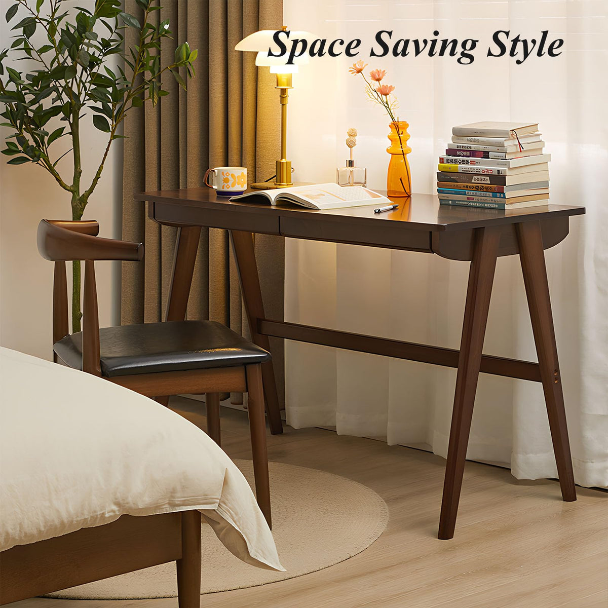 Cttasty Computer Desk with Drawers, Solid Wood Writing Desk, Mid Century Modern Home Office Desks, Oak Study Table, Small Desk for Bedroom, 29.1 H x 39.4 W x 21.7 D Inches, Walnut