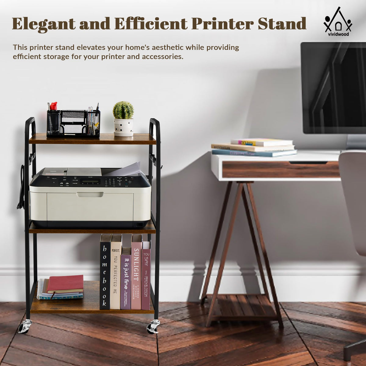 Vividwood Printer Stand - Large 3 Tier Printer Table with Adjustable Storage Shelf - Rolling Cart with Wheels -Stable Desk for Home Office Use (Rustic Brown)