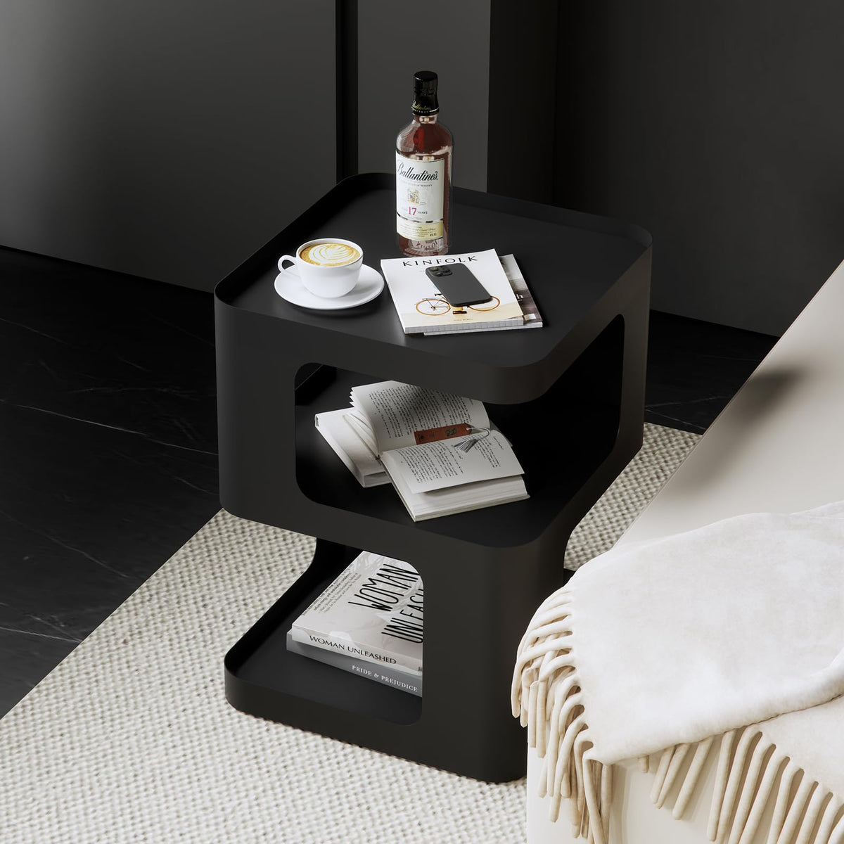 BUZUEY Side Table,Modern end Table,Black Metal nightstand,Bedside Tables,Accent Table with Storage for Living Room Bedroom entryway Couch,no Assembly Required,Unique Furniture.