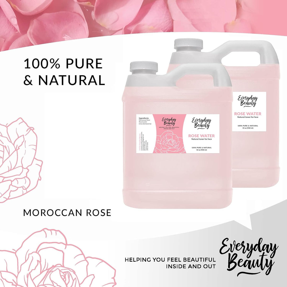 Rose Water Facial Toner Bulk - 64oz Alcohol-Free Vegan All Natural Refreshing Spray Mist for Face and Hair - Uplifts, Calming & Soothing for All Skin Types