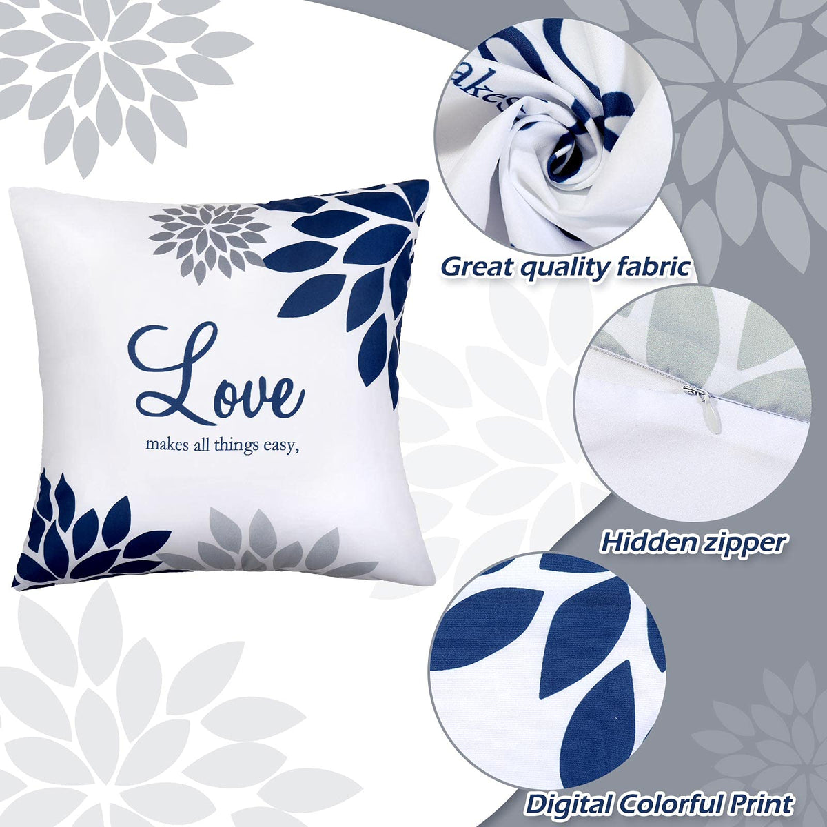 Tatuo 4 Pcs Yellow Flower Navy Pillow Covers Square Pillow Cushion Cases 18x18 Inch, Family Faith Hope Love Words Decorative Spring Summer Cushion Case for Sofa Bed(Gray Series)