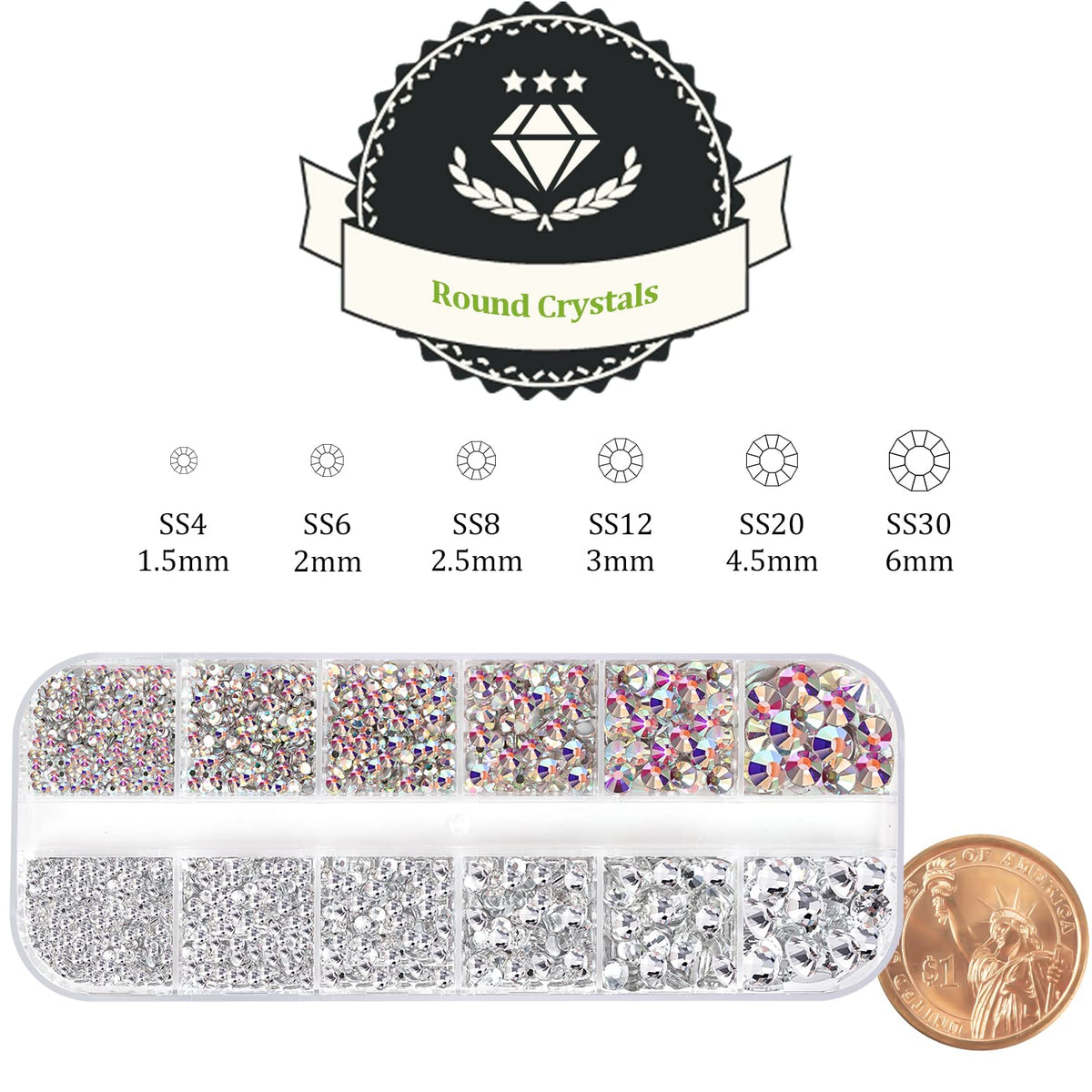 One Pack 2000 Pcs of Flatback Round AB Crystal+Transparent White Clear Rhinestones 6 Sizes (1.5-6 mm) with Nail Art Rhinestone Picker Pencil and Tweezers for DIY and Salon Use