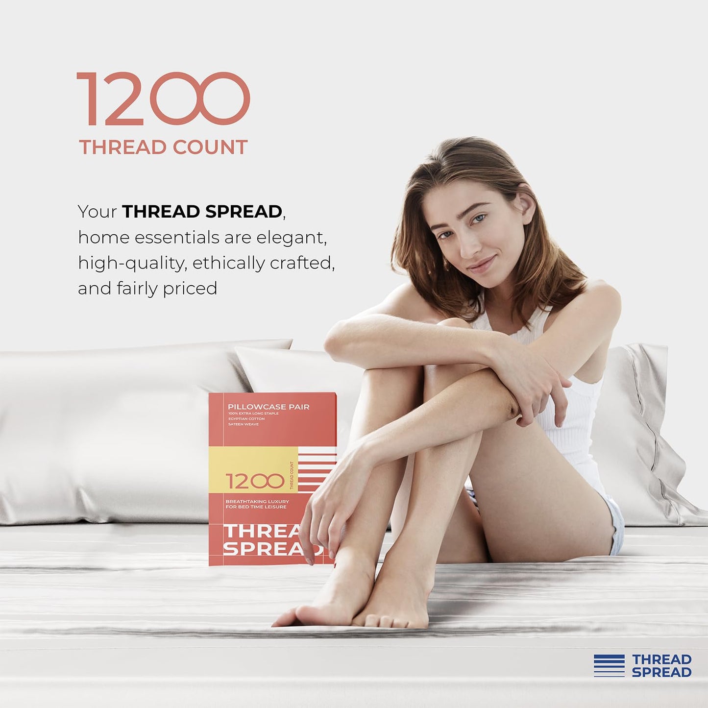 Thread Spread 100% Egyptian Cotton Pillow Cases Standard/Queen Size Set of 2 - Luxury 1200 Thread Count Sateen White Stripe Pillow Cases, Soft Cotton Pillowcases Fits Standard & Queen Pillows