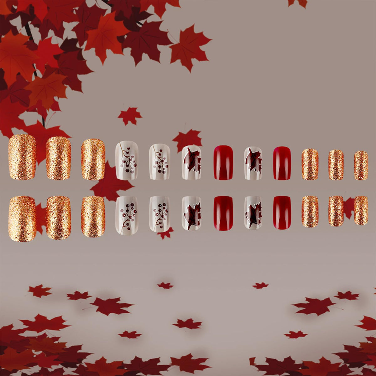 Vintage Maple Leaf Press on Nails Medium Square Fall Fake Nails Thanksgiving Maple Leaves Glue on Nail Glossy Autumn Gold Glitter Acrylic Stick on Nail for Women DIY Manicure
