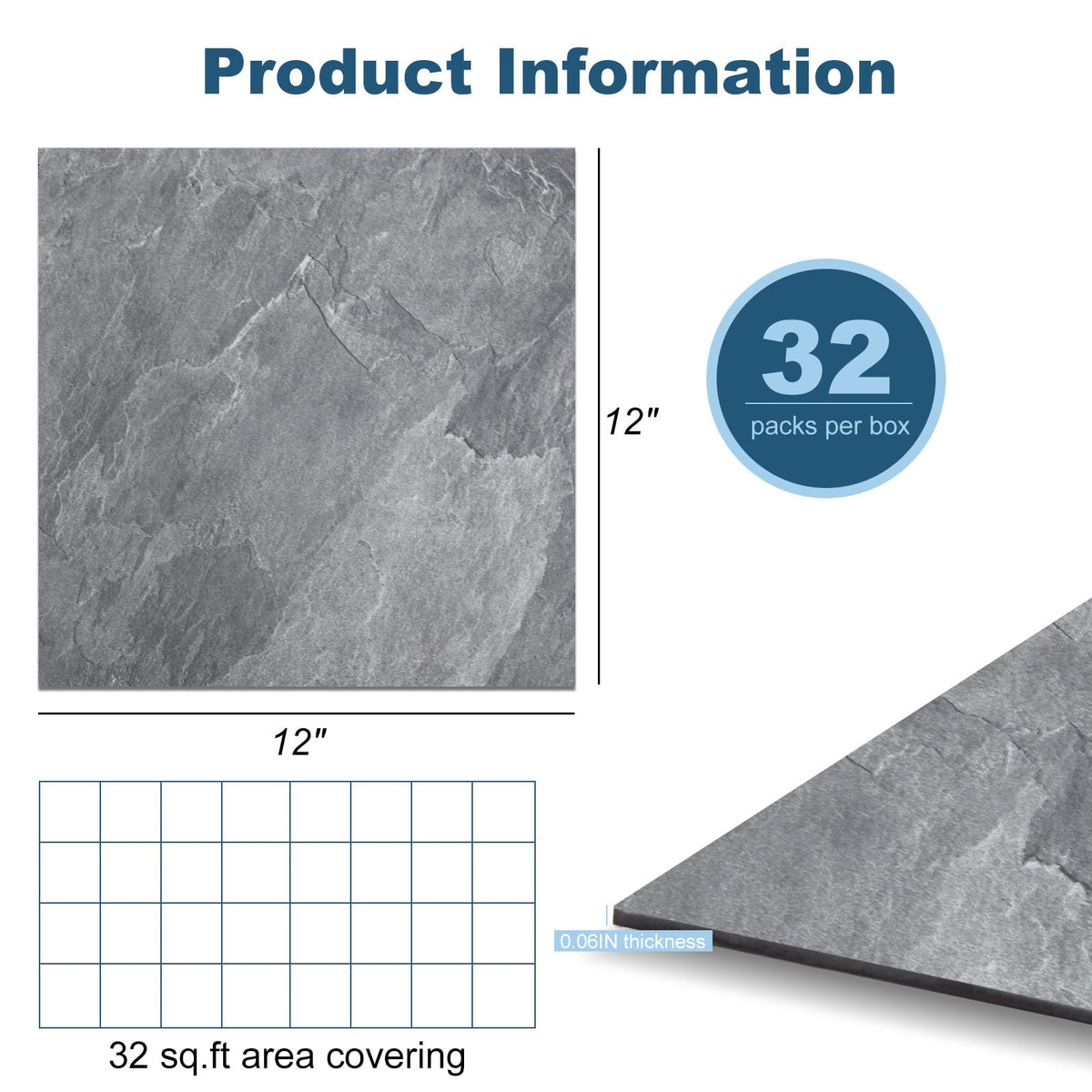 Yipscazo 32-Pack Peel and Stick Floor Tiles, 12" x 12" Stone & Jazz White Vinyl Flooring, Waterproof Self Adhesive Tile for Bathroom, Kitchen, RV, DIY Renovation