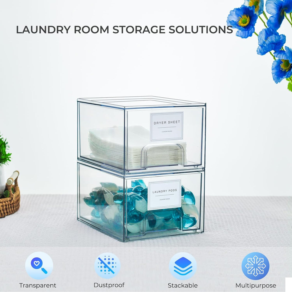 2 Pack Laundry Room Organization and Storage Containers with Labels, Stackable Clear Plastic Storage Drawers for Dryer Sheet Holder, Laundry Pods Container, Laundry Room Decor for Organizing