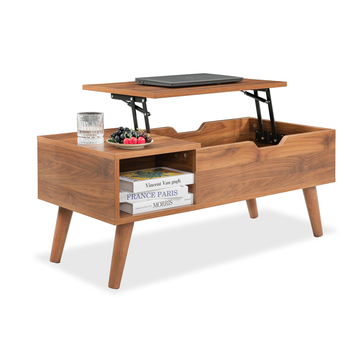 VICTORY RELAX Lift-Top Coffee Table with Hidden Storage and 2 Open Cubbies, Coffee Table with Storage for Living Room, Center Table for Living Room, Designed for Workspace and Relaxation (Natural)