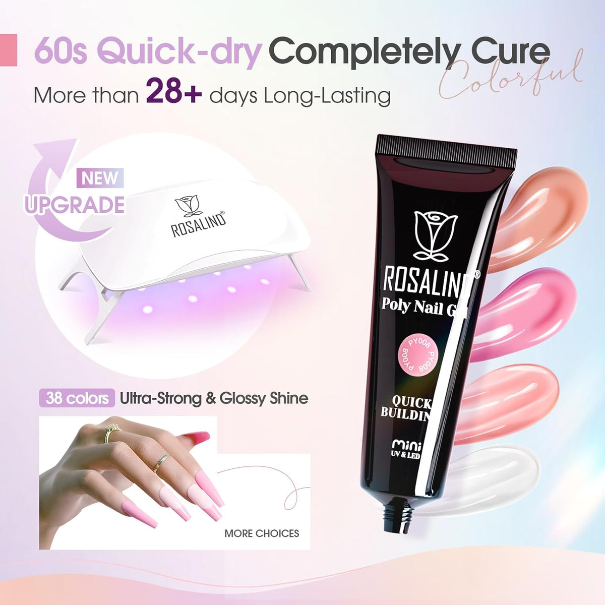 ROSALIND 38 Colors Color Poly Nail Gel Colors Kit with Mini Nail Lamp Clear Neon Poly Nail Gel Starter Kit for Beginners Halloween All Seasons Classic Colors with Everything