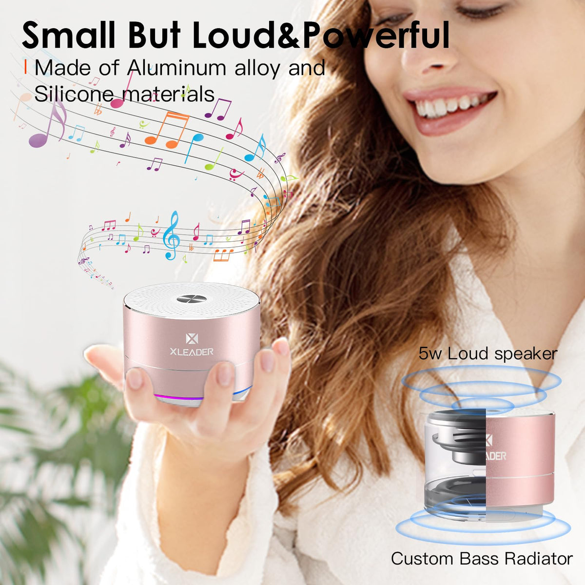 XLEADER Mini Bluetooth Shower Speaker, IPX6 Waterproof Speaker, with RGB Lights, Mic, Portable Silicone Lanyard, Suction Cup, Clear Sound&Rich Bass, 12h Playtime, Small Pink Gifts for Girls Women