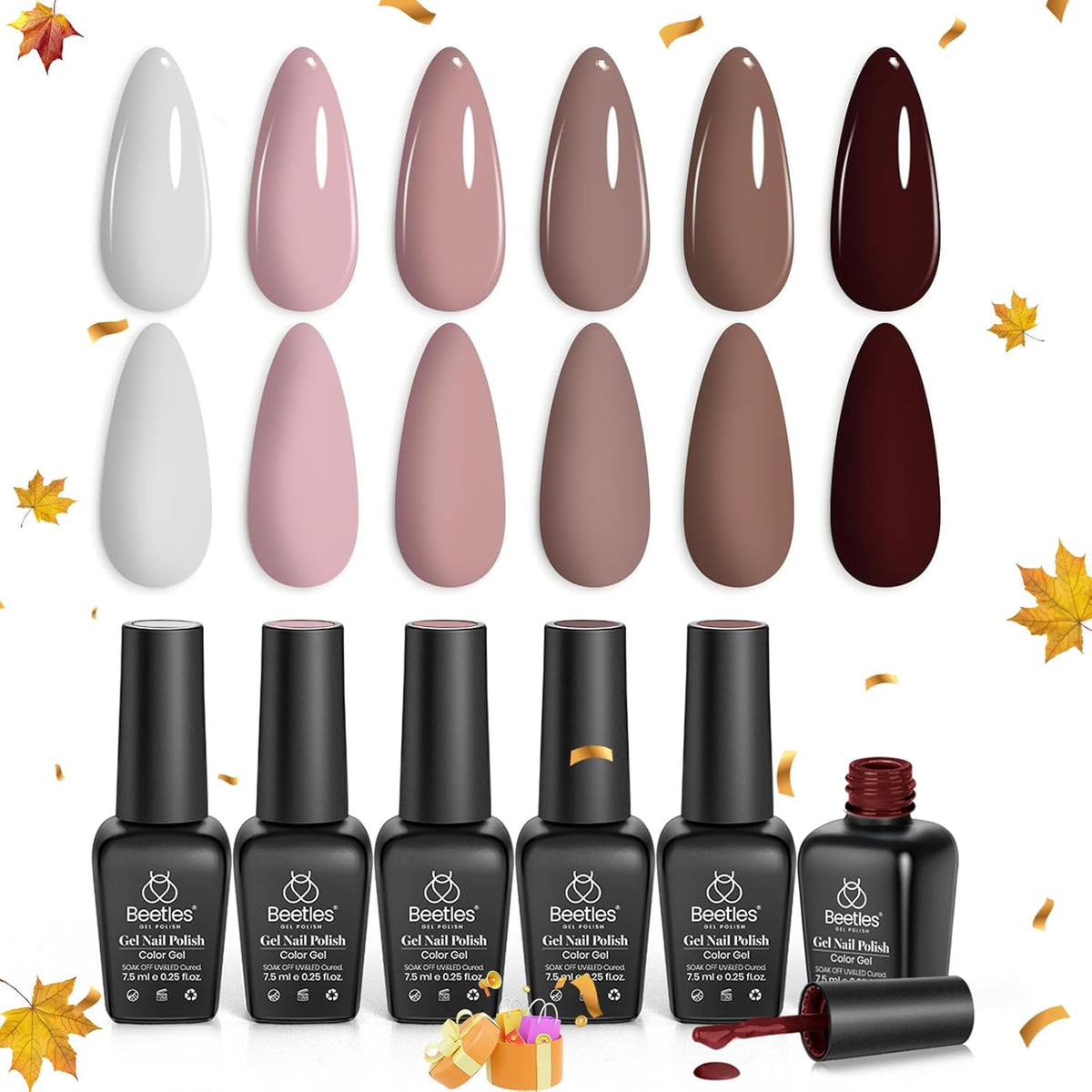 Beetles Fall Gel Nail Polish Set Brown Beige Mauve Pink Nude White Neutral 6 Colors Gel Polish Kit for Nail Art Manicure Soak Off Uv LED Nail Lamp Needed Gifts for Women Coffee Time