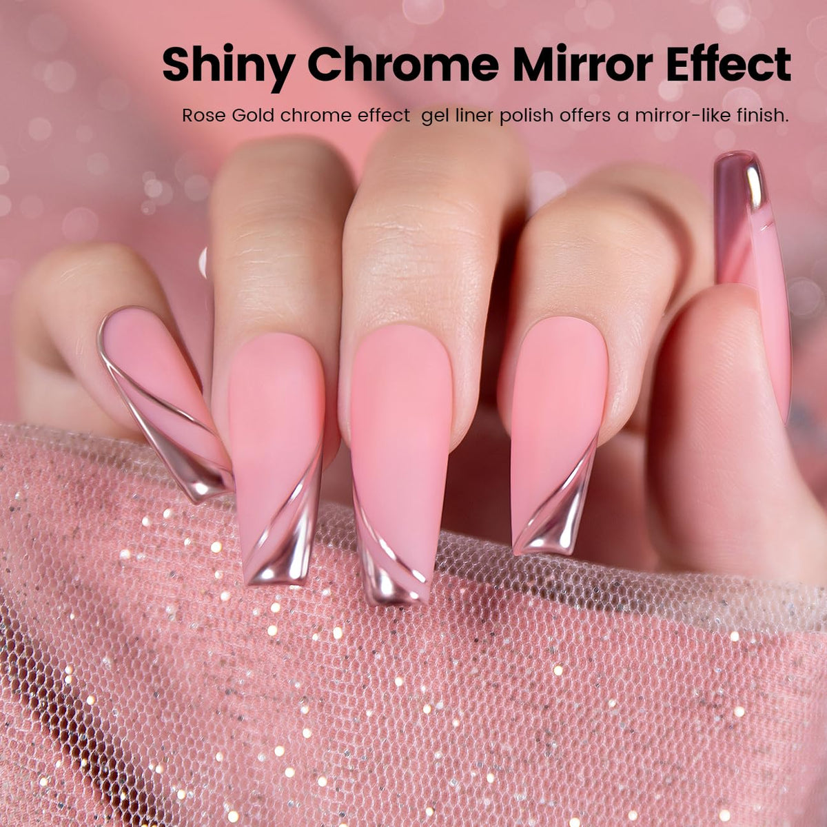 RARJSM Metallic Gel Liner Nail Art Rose Gold 3D Mirror Chrome Effect Gel Nail Polish 8ml Painting Build in Thin Brush Metal Painted Drawing Striper Gelpolish Soak off Curing Requires for Home Salon