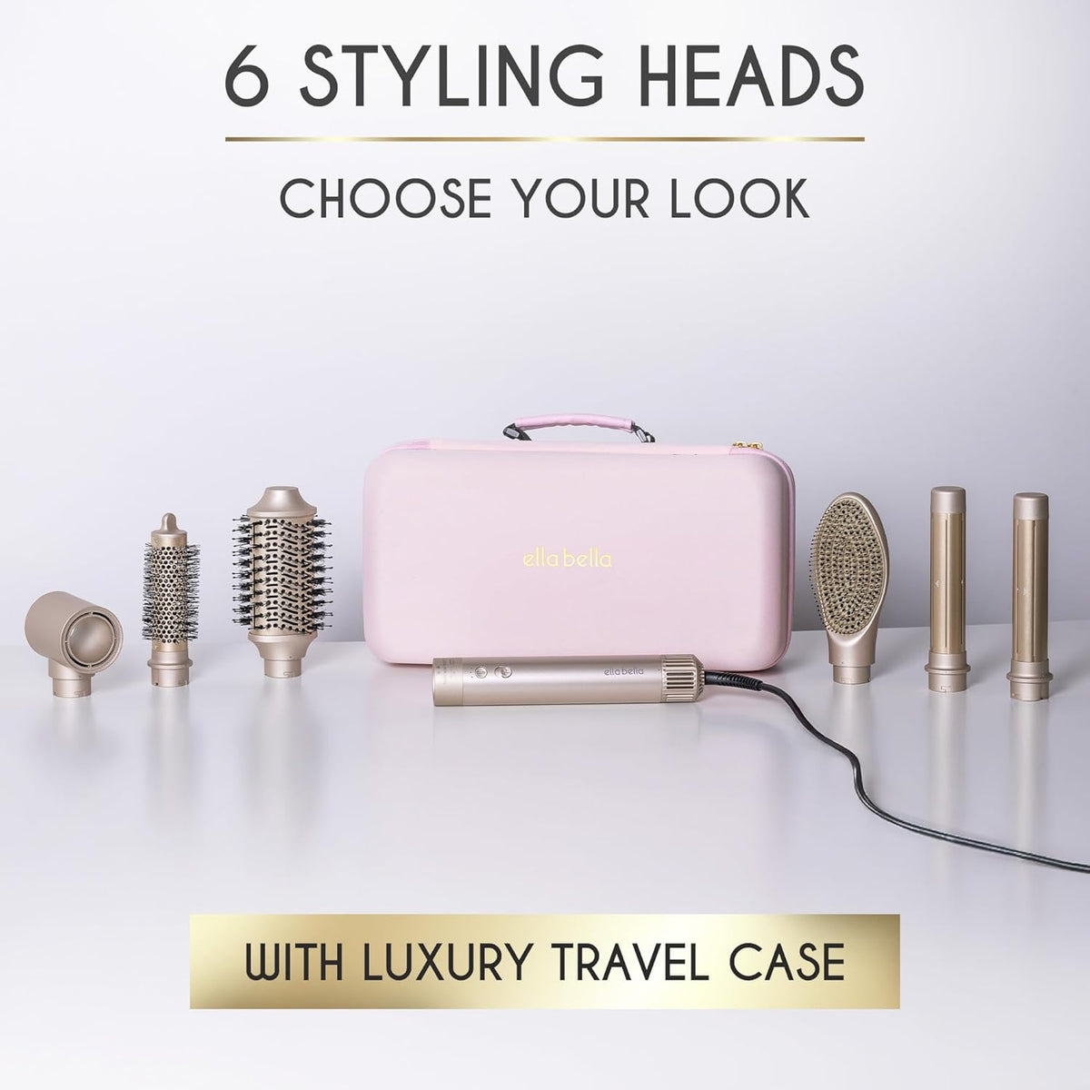 ELLA BELLA® 6 in 1 Professional Hot Air Styler • Powerful Hair Dryer & Straightener Set • Styling Without Heat Damage • Fast Drying Curling Volumizing Straightening • Includes Protective Travel Case