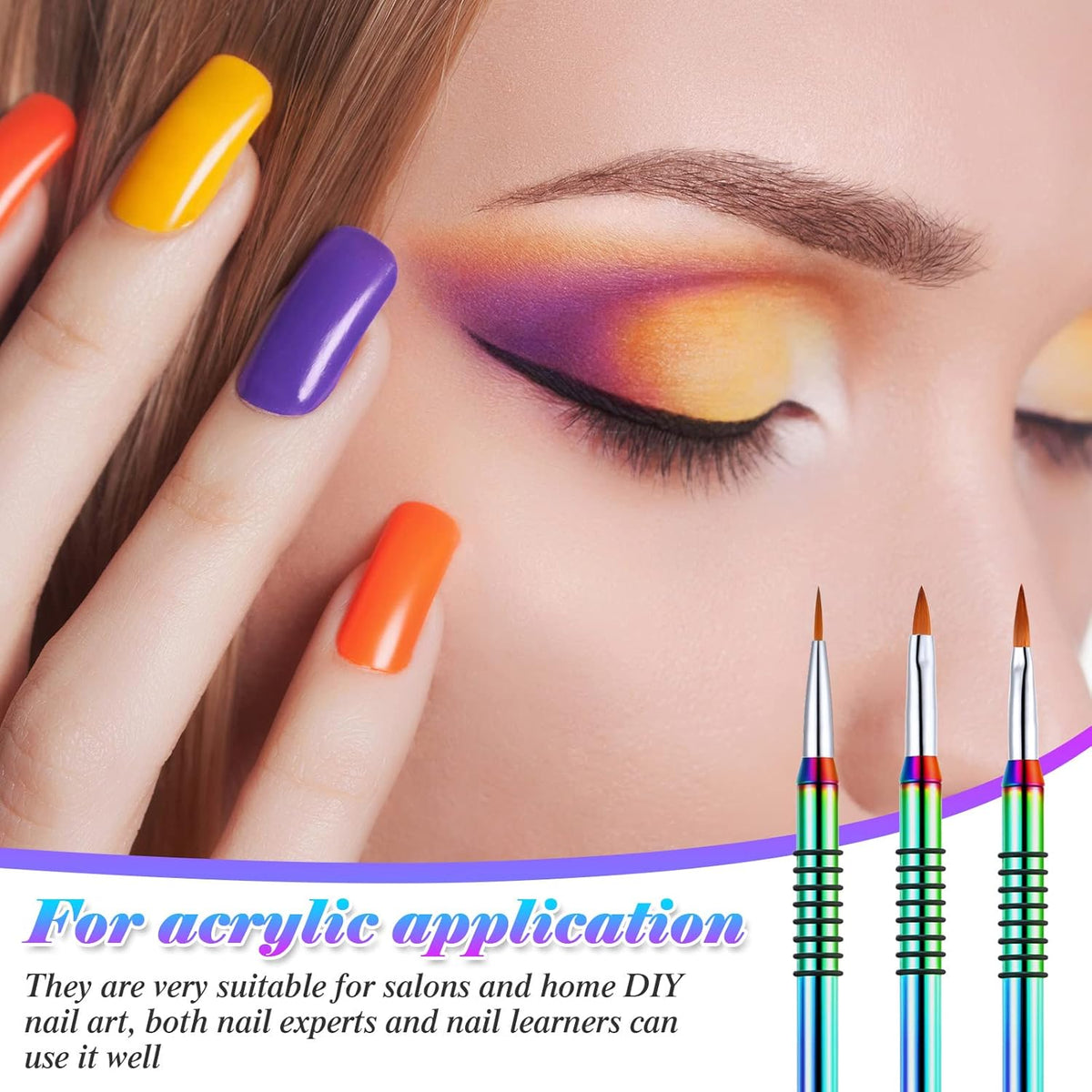 Patelai 3 Pcs Kolinsky 3D Nail Art Brush Set for Acrylic Powder Sculpture Nail Art Brush Size 2/4/5 with Rainbow Metal Nonslip Grip Handle for Acrylic Powder Application