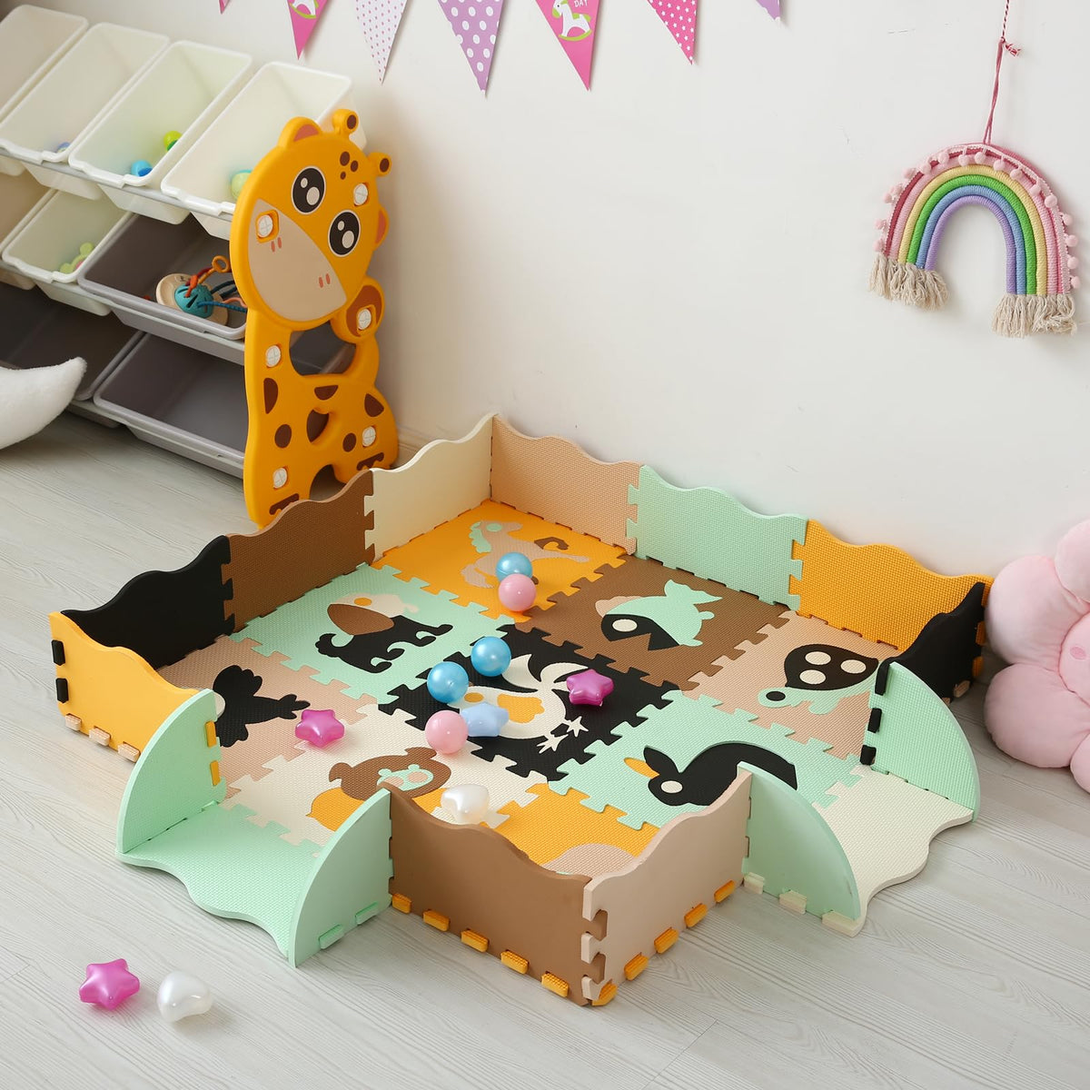 Tamiplay Foam Play Mat for Kids，25Pcs Square Interlocking Puzzle Floor Mat，Baby Play Mat Floor Mat Foam Puzzle Playmat for Toddlers with Fence（Animal-CSH005