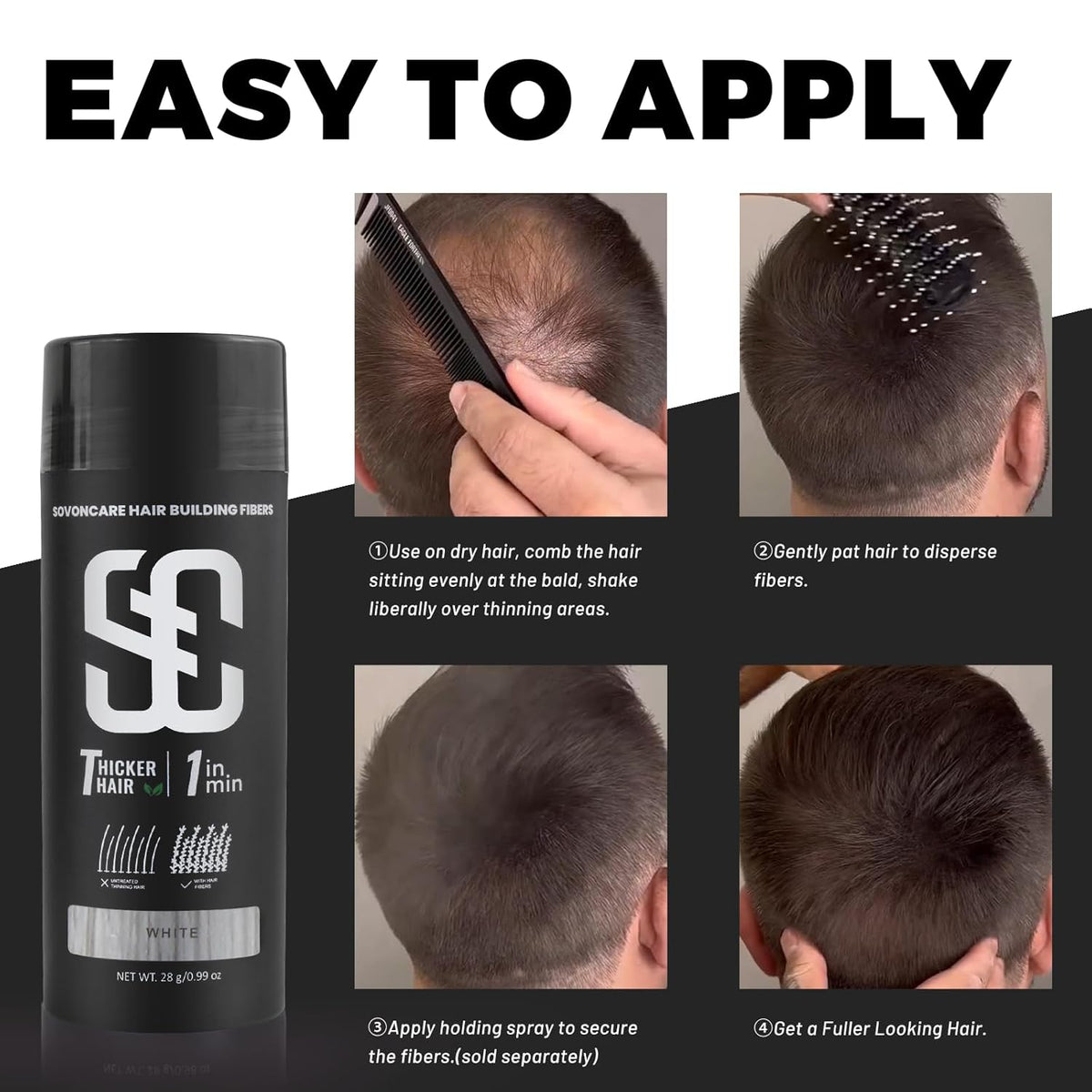 SOVONCARE Hair Fibers for Thinning Hair White, Hair Building Fibers for Bald Spots Undetectable & Natural, Conceals Hair Loss Fill In Fine, Hair Powder Hair Thicker Instantly for Women & Men 28g