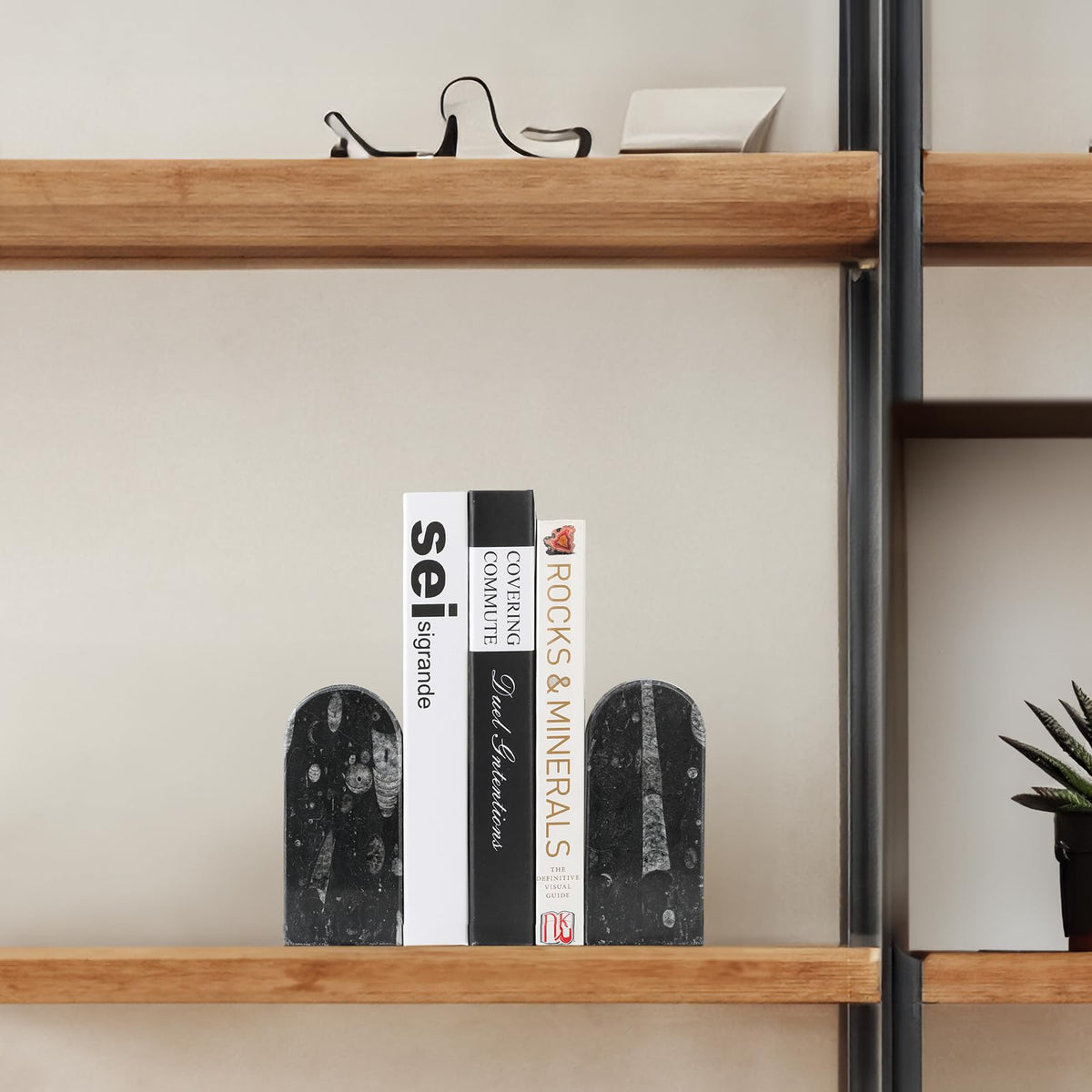 Koville Moroccan Natural Marble Bookends for Shelves, Decorative Book Ends, 7lbs Heavy-Duty Marble Book Holders, Bookshelf Apartment Decor for Normal Books/CD/Video Games(Black Fossil)