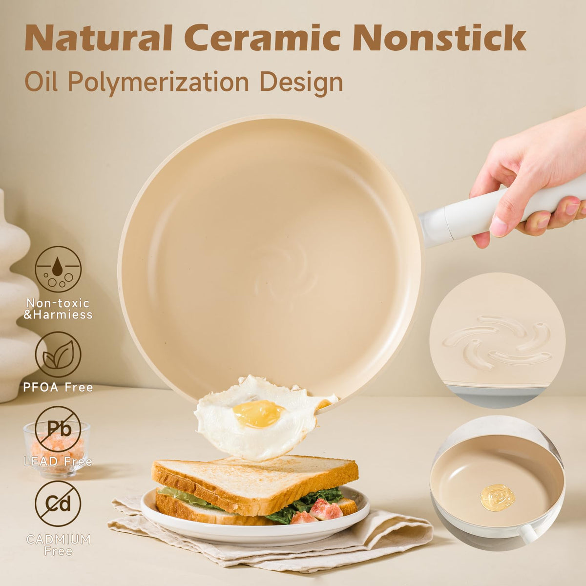 JEETEE Ceramic Cookware Sets 17pcs, Pots and Pans Set Non Stick, Healthy Induction Kitchen Cooking Set with Removable Handles, Stackable Pots Pans, Oven Safe, PFOA/PFOS Free, Beige