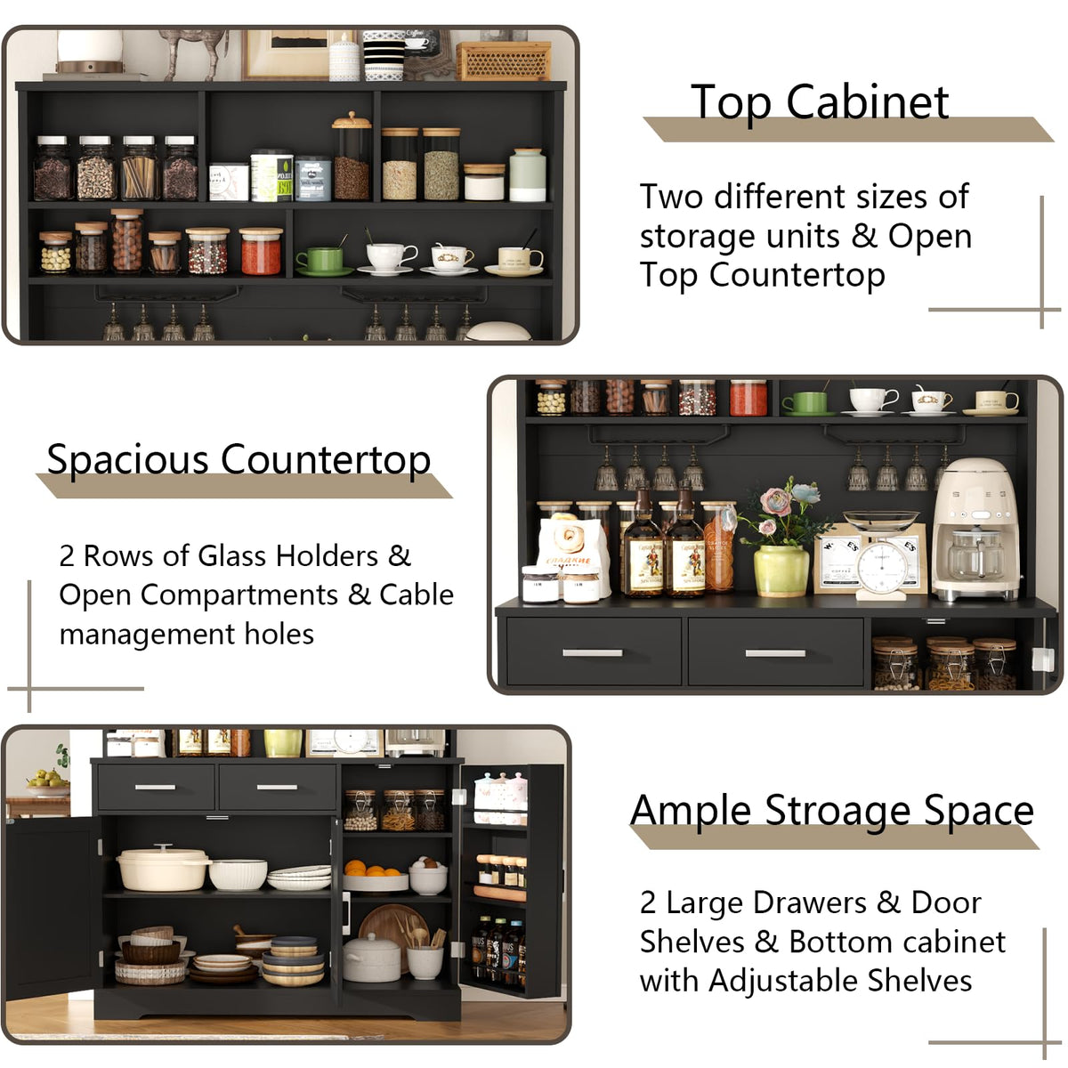Kitchen Pantry Storage Cabinet with 2 Drawers, Tall Kitchen Hutch Cabinet with Microwave Shelf, Modern Buffet Cabinets with Goblet Holders, Food Pantry with Adjustable Shelves for Dining Room, Black