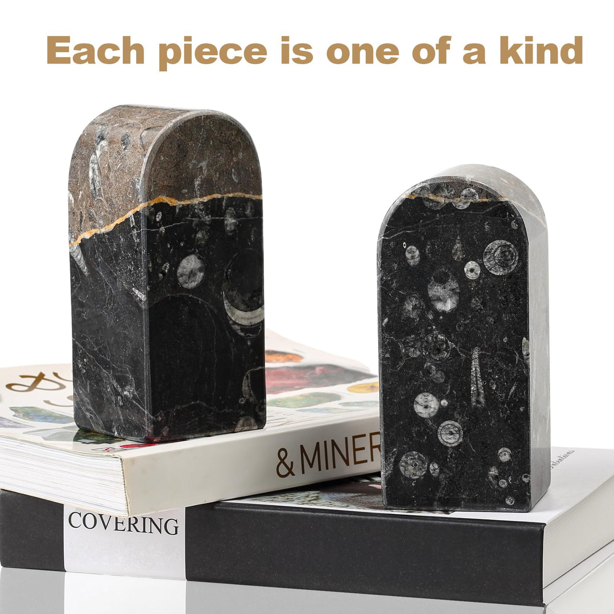 Koville Moroccan Natural Marble Bookends for Shelves, Decorative Book Ends, 7lbs Heavy-Duty Marble Book Holders, Bookshelf Apartment Decor for Normal Books/CD/Video Games(Black Fossil)