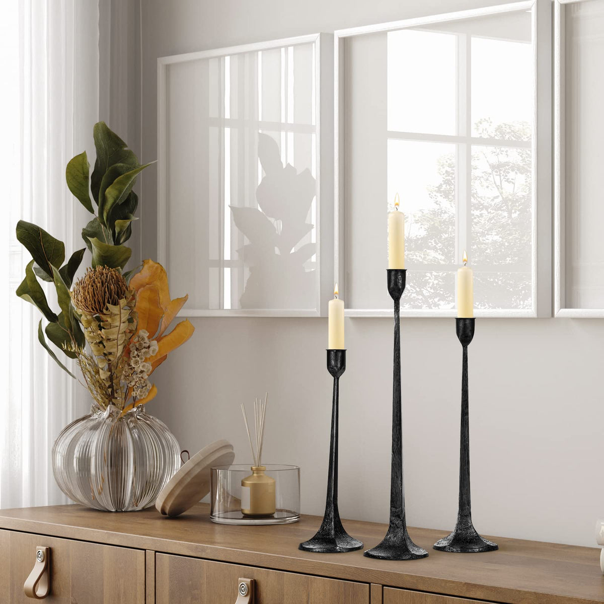 Iron Taper Candle Holder Set of 3 - Decorative Tall Candle Stand, Candlestick Holder for Wedding, Dining Table, Party Decoration