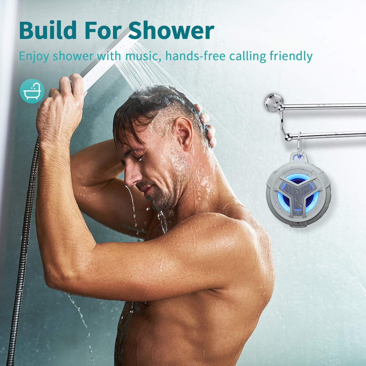 EBODA Shower Bluetooth Speaker, IPX7 Waterproof Portable Floating Speakers with Loud HD Sound, True Wireless Stereo Speaker with LED Light, 24H Play for Shower Pool Beach, Gifts for Men, Women - Gray