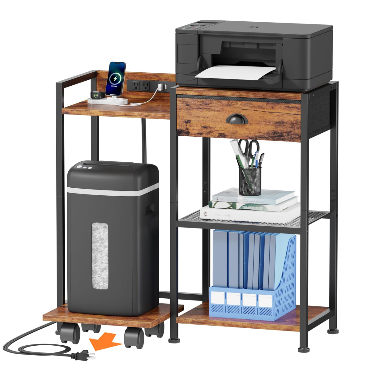 Furologee Printer Stand with Storage Drawer,Printer Table with Charging Station and USB Port,Industrial 3 Tier Shelf, Shredder Stand with Wheels,for Home Office,Rustic Brown