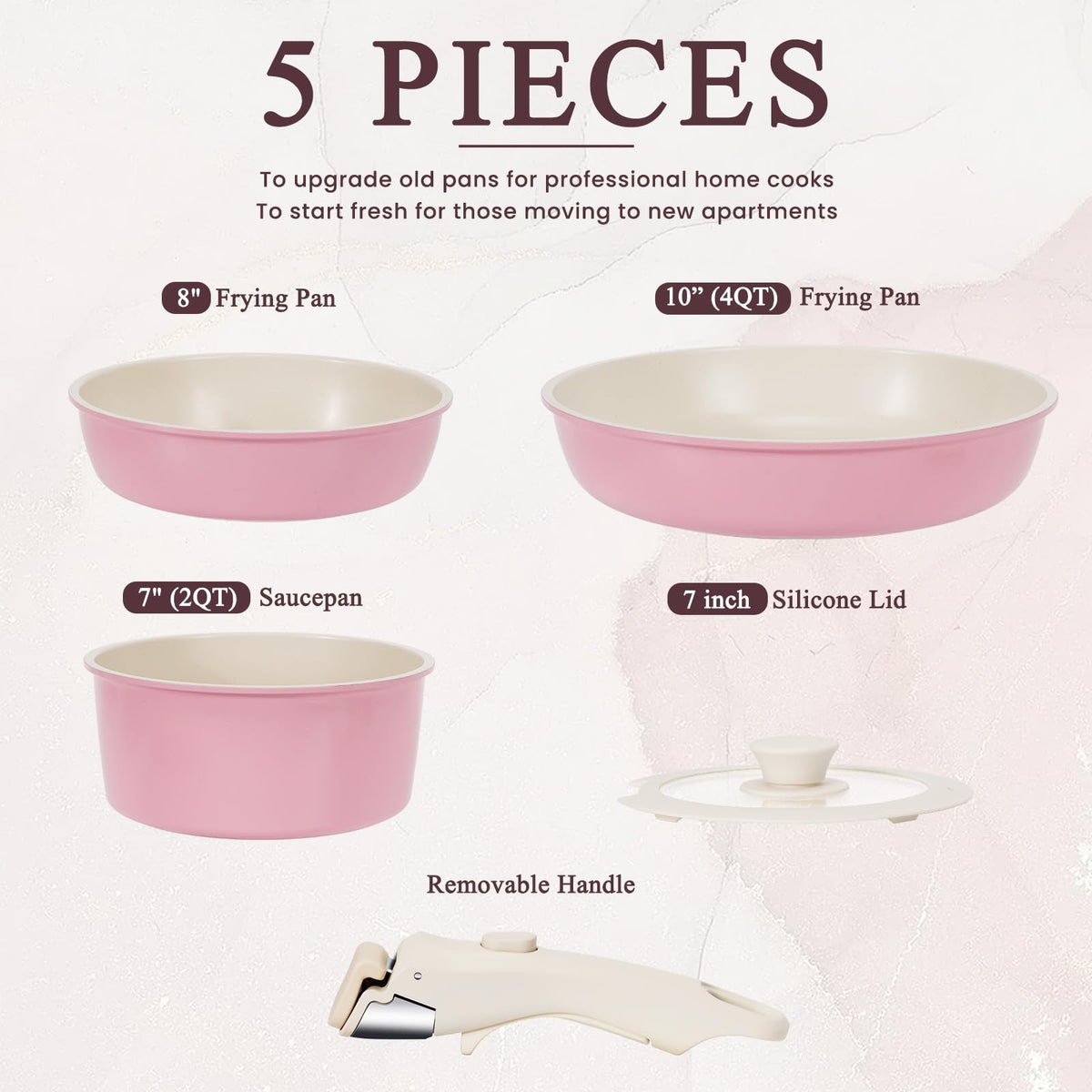 KIKCOIN 5 Pack Ceramic Pots and Pans Set Non Stick, Kitchen Cookware Set Detachable Handle, Non Toxic Cooking Set with Removable Handles, Induction Dishwasher/Oven Safe, Ollas de Cocina, Pink
