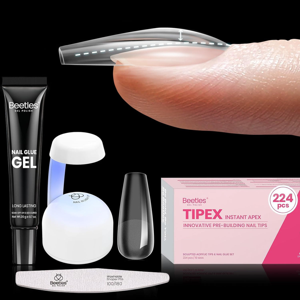 Beetles Tipex Gel Nail Kit with 224Pcs 16Sizes Medium Coffin Apex Nail Tips C Curved , Pre-building Acrylic Nails with Tipex Nail Glue，Mini Nail Lamp, Nail File for DIY Nails or Salon Use