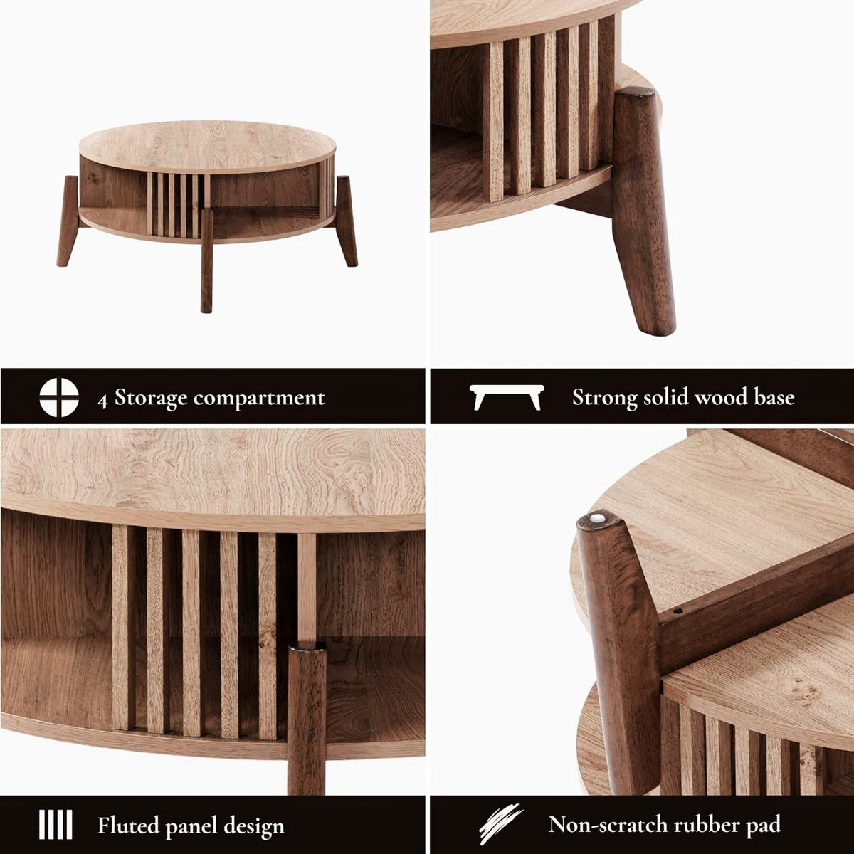 LuxenHome Round Coffee Table with Storage, 31.5" Oak Finish Wood Accent Tables with Wood Legs, Boho Center Table for Living Room, Wooden Circle Coffee Table with Open Storage for Home Office
