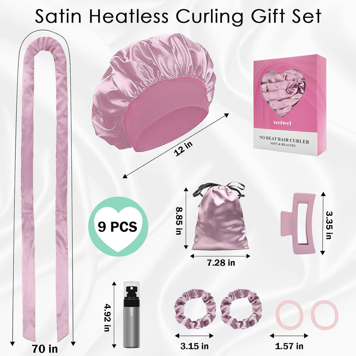 weiwei Satin Heatless Curlers Hair Curler, No Heat Curls Overnight Hair Curlers to Sleep In Overnight Curls Headband, 70" Hair Curlers No Heat, 9 Pcs Satin Heatless Curling Set for Women Long Hair