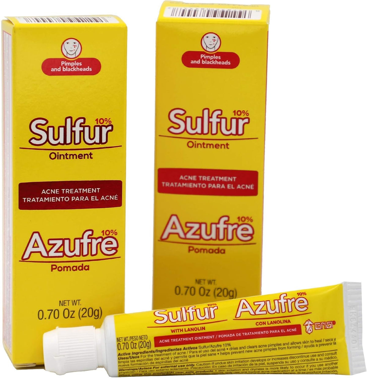 Biosulfur Grisi Acne Treatment: Fights Pimples, Blackheads, Blemishes, Improves Damaged Skin from Acne Scars, Prevents Breakouts, Keeps Pores Clear, Controls Oil, Sulfur Ointment, 0.70 Ounce, 2-Pack