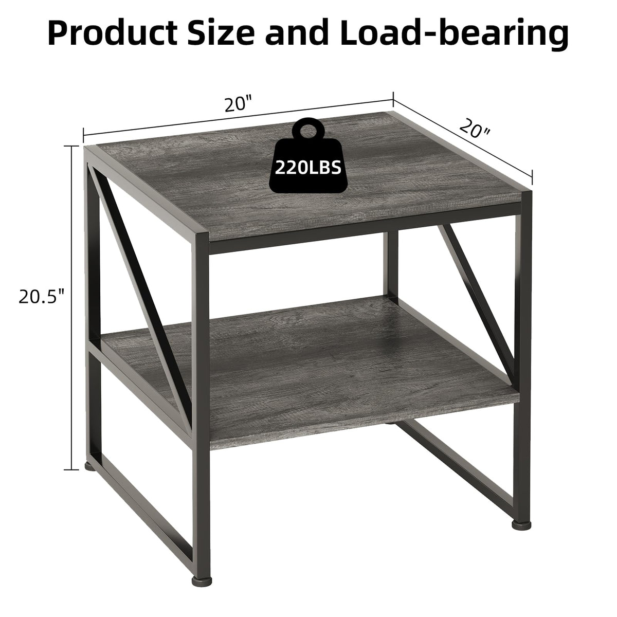 Mexin 20 Inch Square End Table, Mini Fridge Stand with 2-Tier Storage Shelf, High Load Capacity Side Table for Living Room Bedroom, Grey Oak