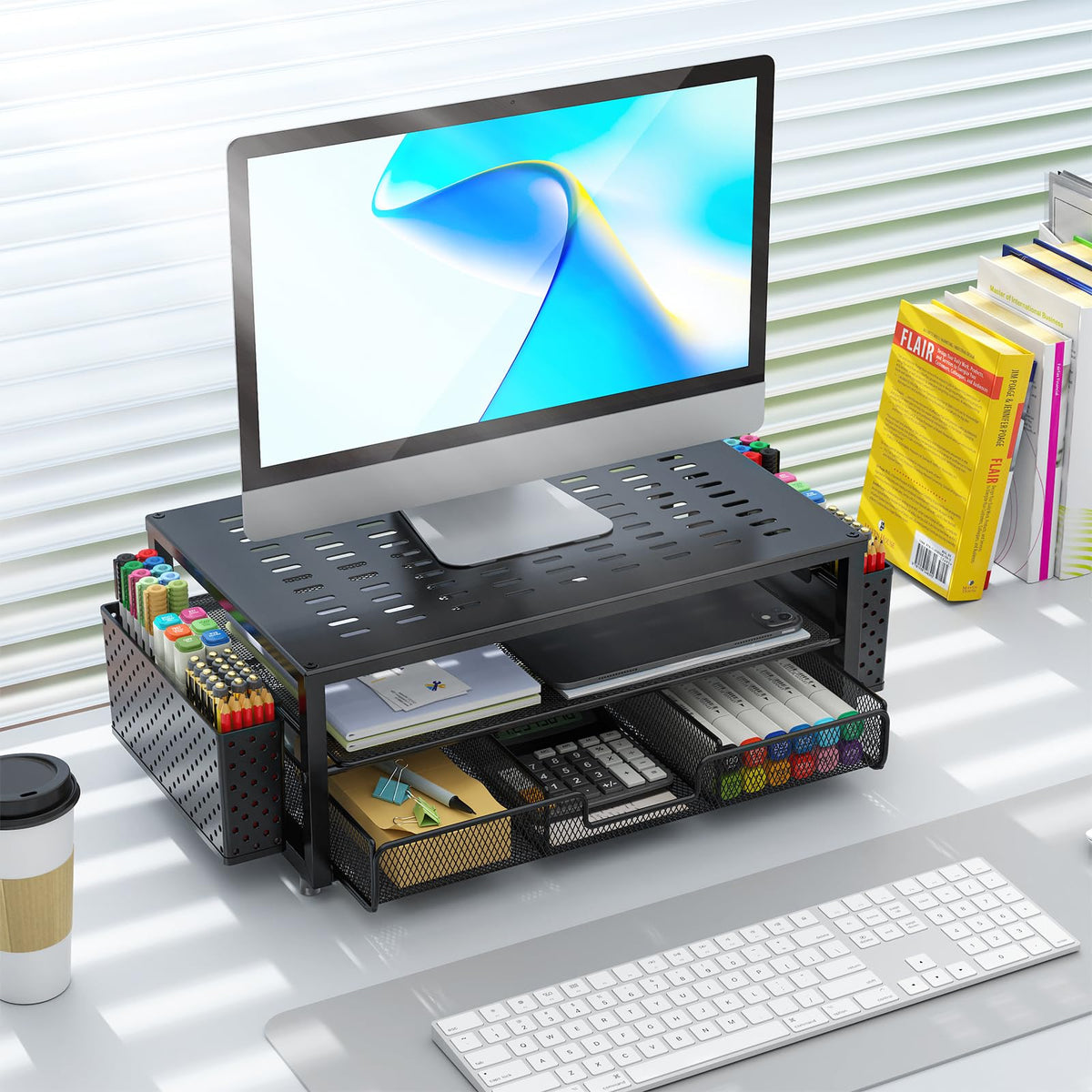 gianotter Desk Organizers and Accessories, Monitor Stand with Drawer and 2 Pen Holder, Desktop Organizer Suitable for Offices and Dormitories (Black)