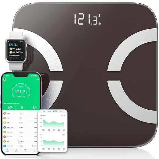 Smart Scale for Body Weight, Digital Bathroom Scale LED Display, BMI, Body Fat, Muscle Mass 18 Body Composition Monitor Health Analyzer Sync Fitness Apps (Gray)