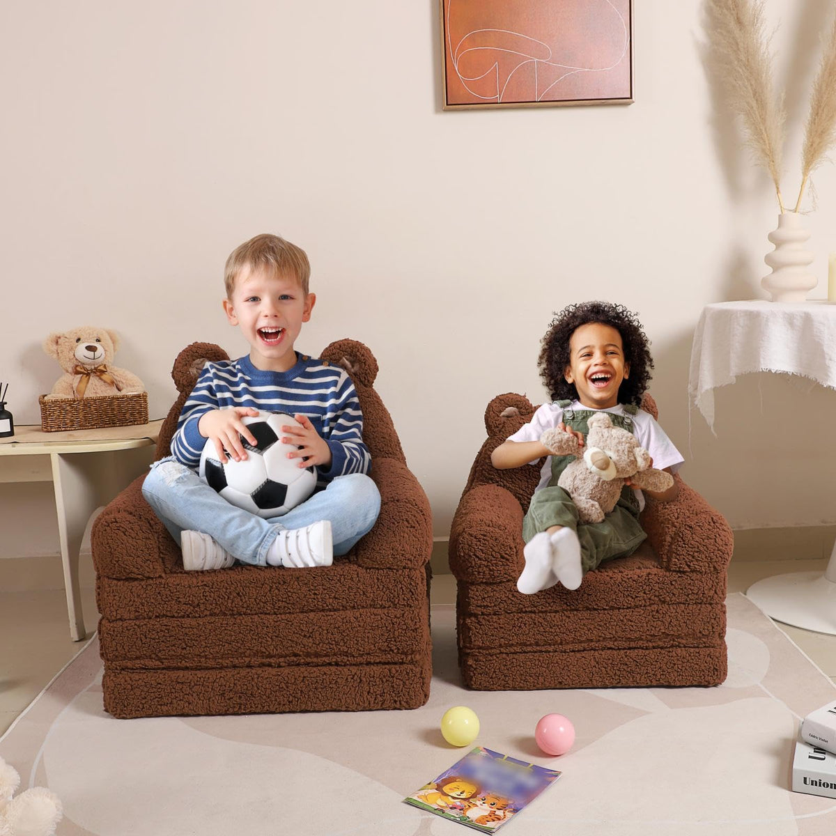 MOMCAYWEX Foldable Kids Sofa, Sherpa Teddy Bear Toddler Couch with Tri Folding Foam Cushions, Comfy Couch for Kids Age 18 Months and Up