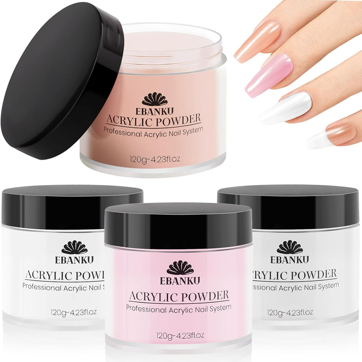 EBANKU Acrylic Powder Set 4 Colors Acrylic Nail Powder Nude Pink White Clear Acrylic Powder for Acrylic Nail Extension Nail Carving, Long-Lasting, No Nail Lamp Needed, Large Capacity 4.23oz*4