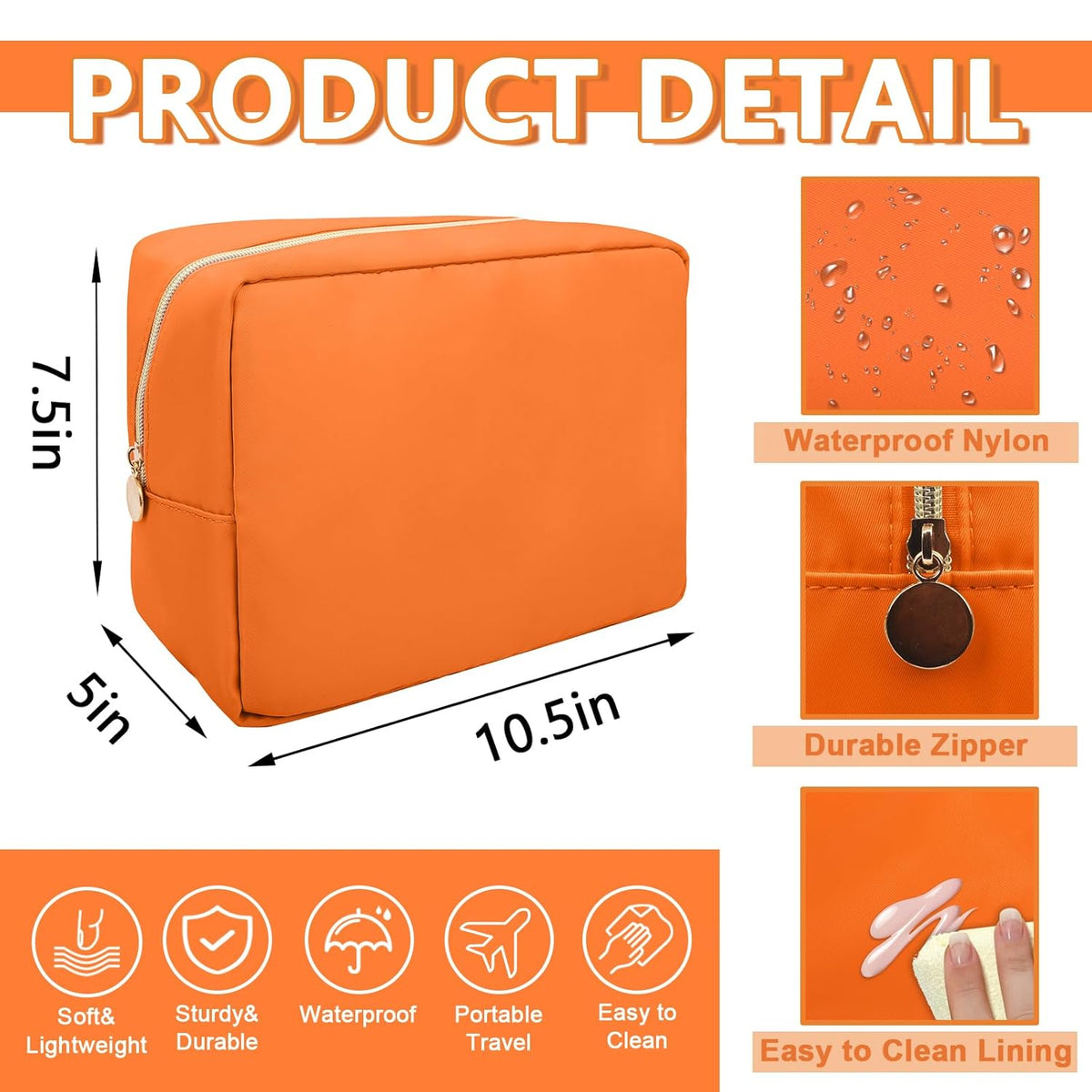 Large Makeup Bag Pouch,Nylon Women Travel Toiletry Storage Bag Preppy Cosmetic Bag for Girls,Big Makeup Organizer Bag Cute Zipper Pouch Skincare Bag for Sport Work Gift(Large-Peach)