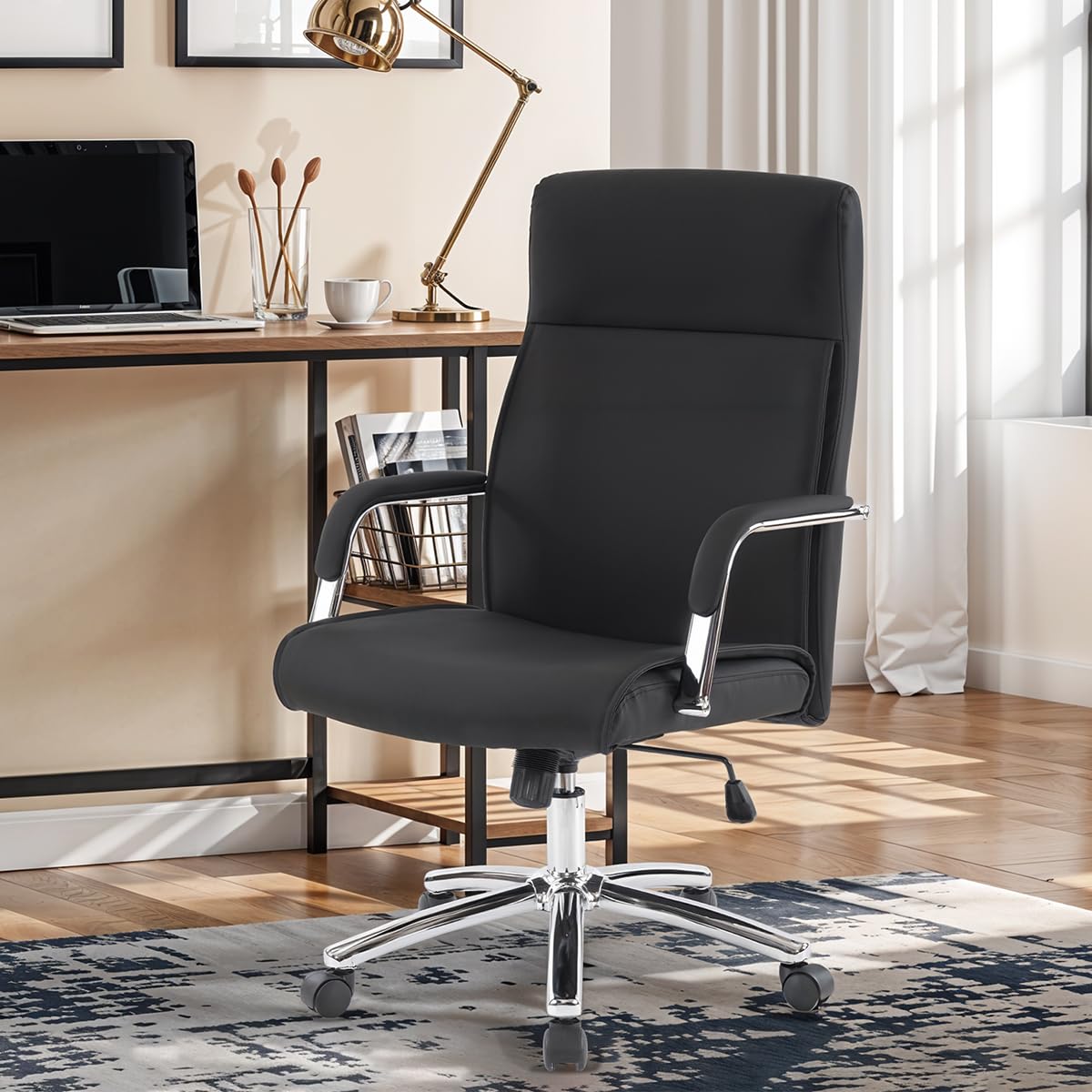 Office Chair, High Back Executive Office Chair Ergonomic Desk Chair with Rocking Function, Faux Leather Managerial Chair Featuring Adjustable Height Armrests and Lumbar Support (Black)