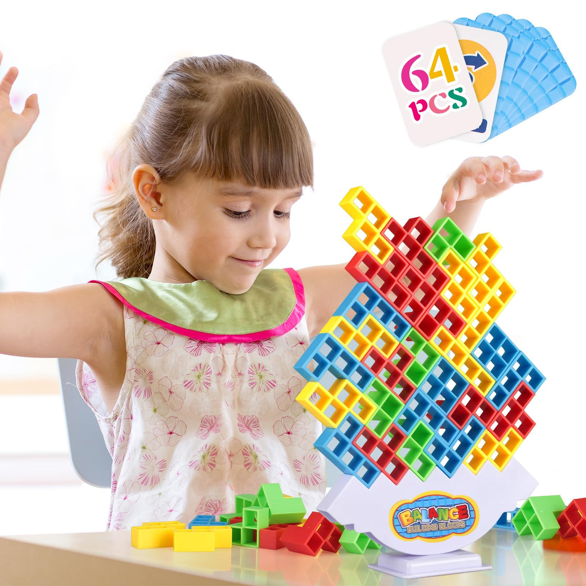 64Pcs Tetra Tower Game, Family Board for 2 Players Family Games, Building Blocks Stacking Balance Games Toys for Kids, Adults, Friends, Classroom, Family and Travel Party
