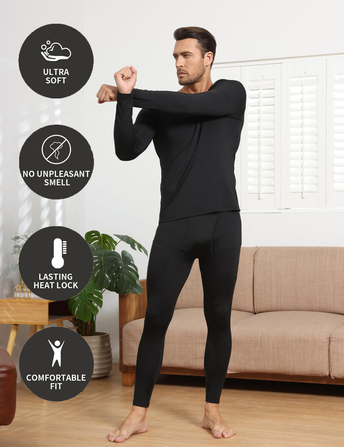 Winvote 3 Pack Thermal Underwear for Men Long Johns Fleece Lined Soft and Warm Set Base Layer for Cold Weather Black-Black-Black S
