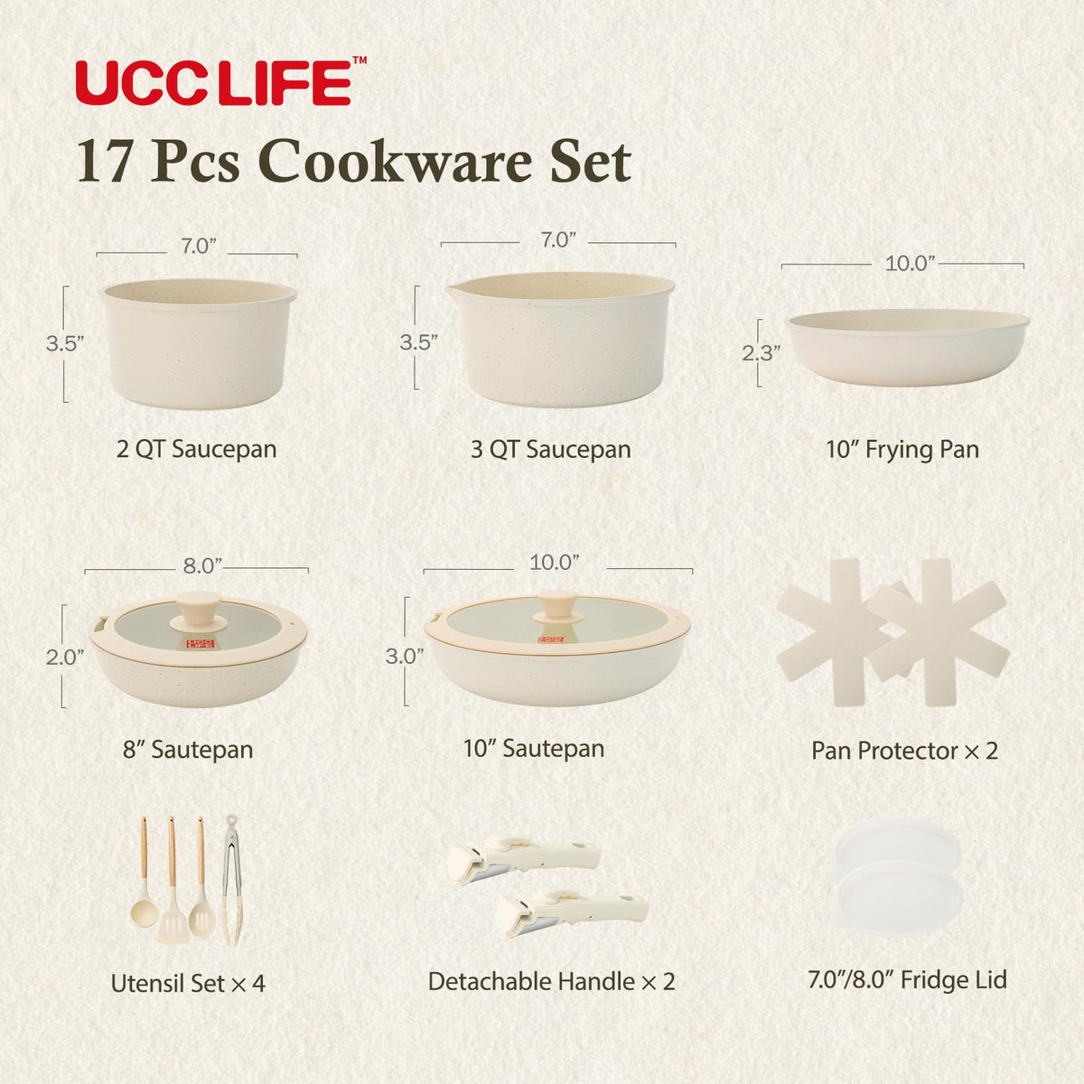 UCClife 17-Piece Nonstick Cookware Set, Family Kitchen Pots & Pans with Removable Handles, Oven & Dishwasher Safe, PFAS-Free for Everyday Cooking