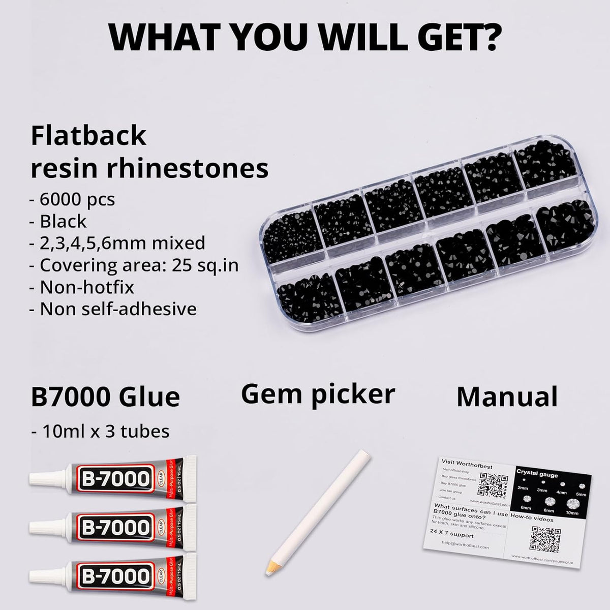 6000Pcs Black Rhinestones for Crafting Bedazzling with b 7000 Jewelry Glue, Resin Flatback Crystal Diamond for Crafts Clothing Clothes Project Dress, Flat Back Bedazzler Half Gems Multiple Sizes