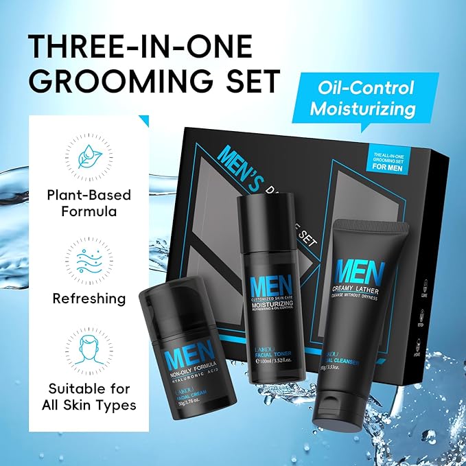 LAIKOU Men's Skin Care Set, Gifts for Men, Skincare Gift Set, Men Skincare with Facial Cream, Facial Cleanser, Facial Toner Father's Day Christmas Birthday Valentines for Him Dad Son Husband Boyfriend