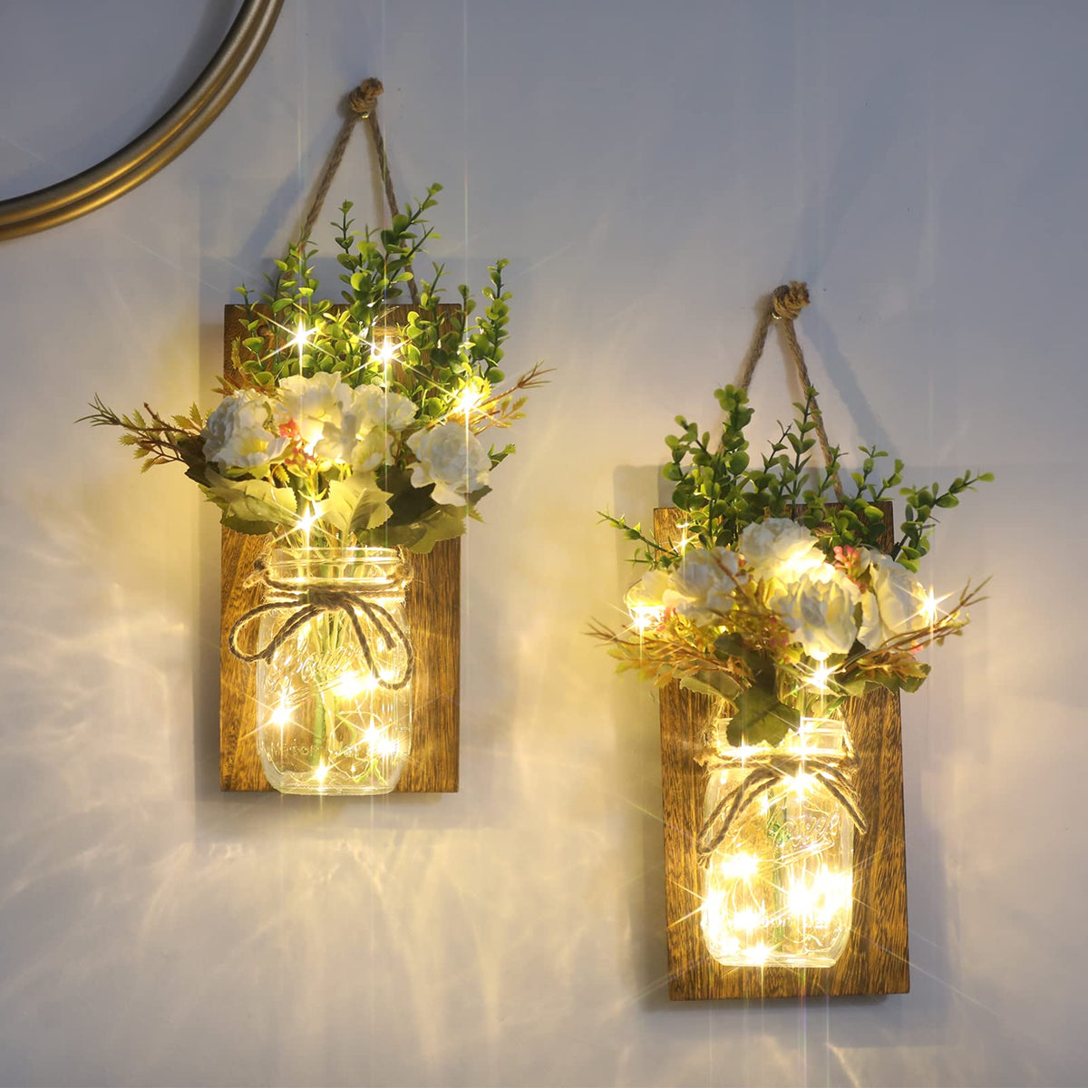 Lightess Wall Decor Mason Jar Sconces with Remote Control, Rustic Home Decor Wall LED Fairy Lights with White Rose, Farmhouse Wall Decorations Lights Set of Two for Dining Room Living Room