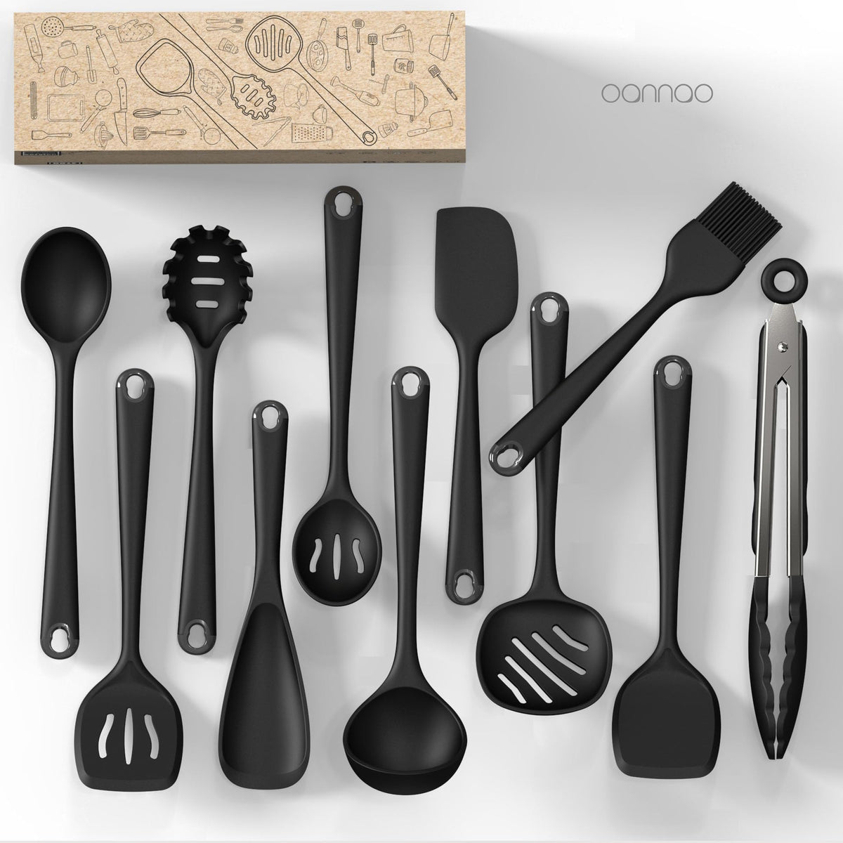 Silicone Kitchen Utensils Set, 600°F Heat Resistant Silicone Cooking Utensils, Spatula, Spoon, Whisk, Tongs, Kitchen Gadgets Tools Sets for Nonstick Cookware, Dishwasher Safe BPA Free (Black)