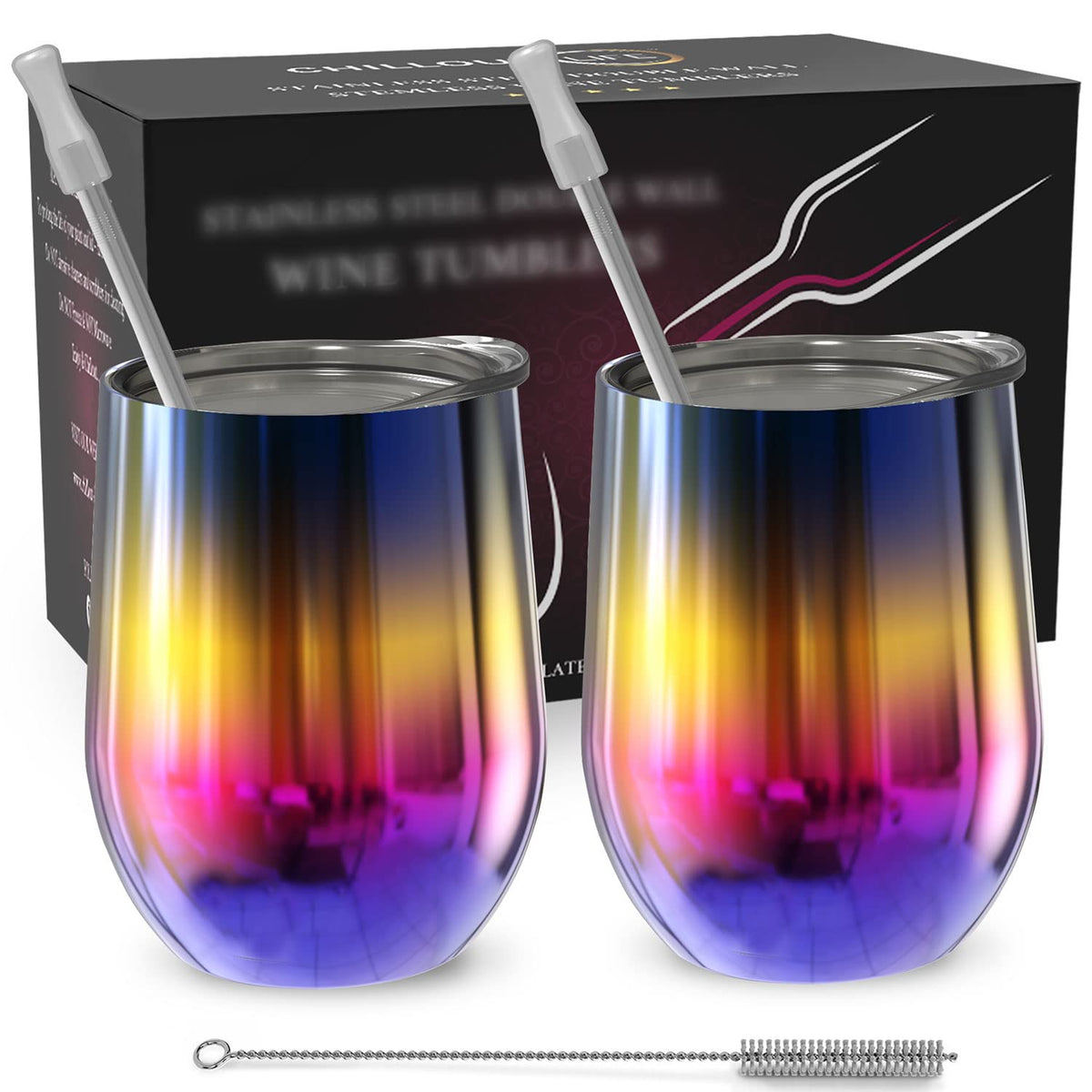 CHILLOUT LIFE Stainless Steel Wine Tumblers 2 Pack 12 oz - Double Wall Vacuum Insulated Wine Cups with Lids and Straws Set for Coffee, Wine, Cocktails (Rainbow)