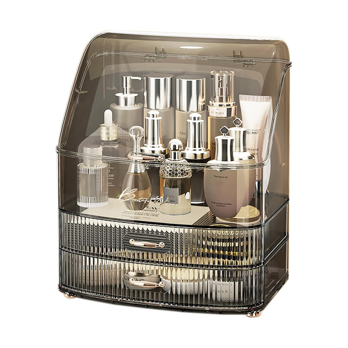 Plukers Makeup Organizer Countertop Vanity with Transparent Lid Drawers Waterproof Dustproof Cosmetic Skincare Bathroom Storage Gift for Women Teens Girls (Clera Black)