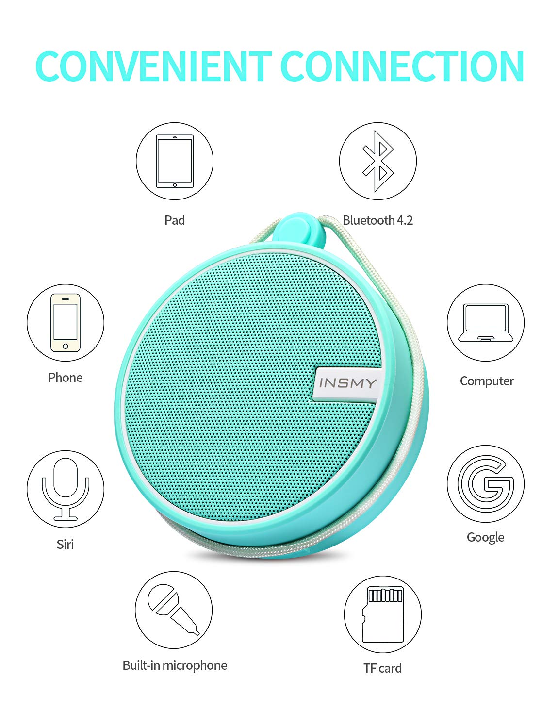 INSMY C12 IPX7 Waterproof Shower Bluetooth Speaker, Portable Small Speaker, Speakers Bluetooth Wireless Loud Clear Sound Support TF Card Suction Cup for Outdoor Kayak Canoe Beach Gift (Mint)